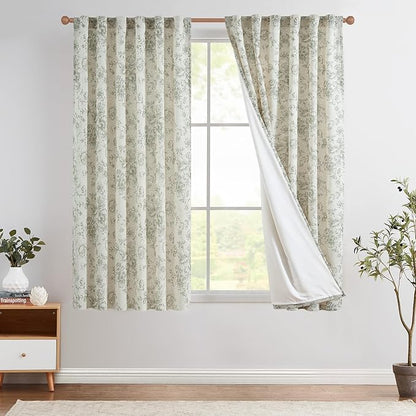 jinchan Linen Blend Floral Curtains for Living Room 63 Inches Extra Long Farmhouse Printed Curtain Back Tab Green Peony Flower Patterned Drapes Bedroom Window Curtains Set 2 Panels