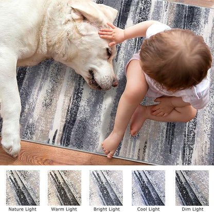 Lansny Modern Abstract Runner Rug 2.6x14, Grey Black Multi Washable Long Kitchen Runner Non-Slip Soft Hallway Rug Runner Thin Print Faux Wool Carpet for Entryway Bedroom Laundry Room Indoor HomeDecor