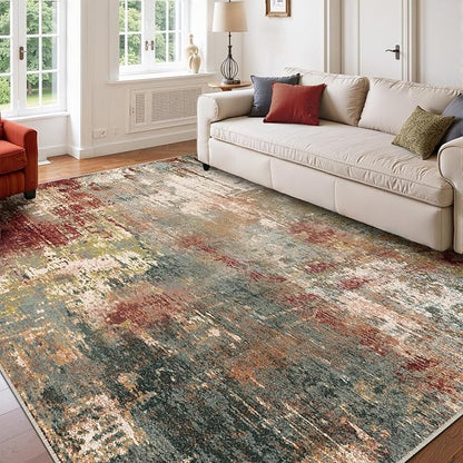 Washable Area Rugs 8'x10' Non-Slip Modern Abstract Soft for Living Room Entryway Bedroom Nursery, Print Pattern, Brown Rust Red Green Blue Multi
