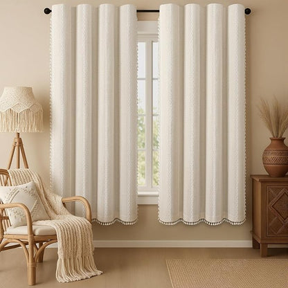 Boho Blackout Curtains 72 Inches Long Beige Linen Blend 2 Panels with Tassels and Cotton Embroidery, Farmhouse Vintage Rustic Rod Pocket Drapes for Living Room or Bedroom
