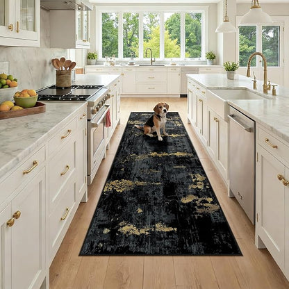 Washable Area Rugs 2'6''x8 Non-Slip Modern Abstract Soft for Living Room Entryway Bedroom Nursery, Print Pattern, Dark Black Gold