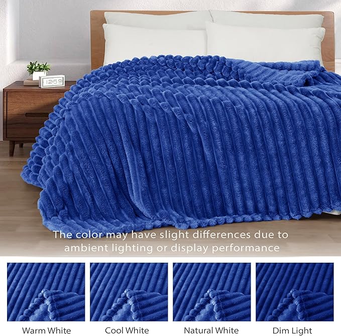 Exclusivo Mezcla King Size Flannel Fleece Blanket, Super Soft Striped Jacquard Bed Blanket, Lightweight Fuzzy Cozy for All Seasons, 90x104 Inches, Cobalt Blue