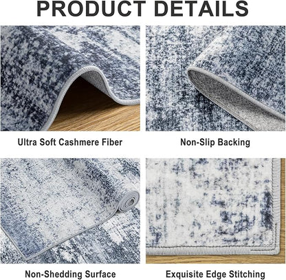 Area Rugs 9x12 Living Room - Washable Rug Modern Abstract Soft Large Neutral Non-Slip Carpet Indoor Floor Thin Carpets for Bedroom Dining Room Farmhouse Nursery Home Office Grey Blue