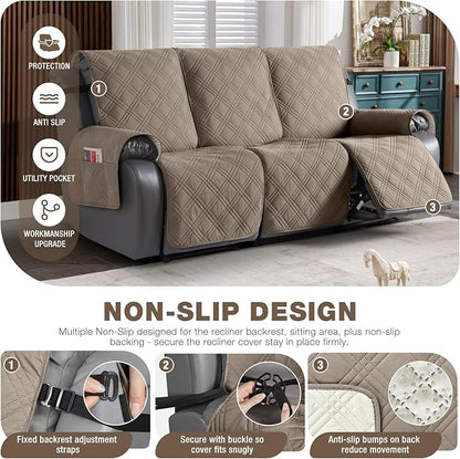 TAOCOCO 100% Waterproof Recliner Sofa Covers, Non Slip Split Couch Covers for Reclining Couches with Elastic Strap, Washable Reclining Sofa Cover Furniture Protector (3 Seater, Gray Taupe)
