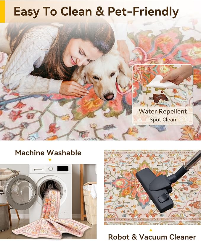 RELEANY Area Rugs Square 10ft Washable Non-Slip, Floral Vintage Distress Print Pattern Medallion Carpet for Living Room Bedroom Dining Room, Light Pink Colorful