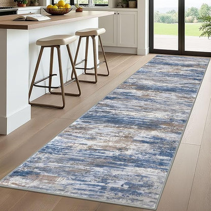 KOZYFLY 3x10 Ft Rug Modern Ombre Runner Rug for Hallway, Washable Kitchen Rugs Non-Slip Soft Striped Entryway Rug, Print Blue Rust Abstract Carpet for Laundry Nursery