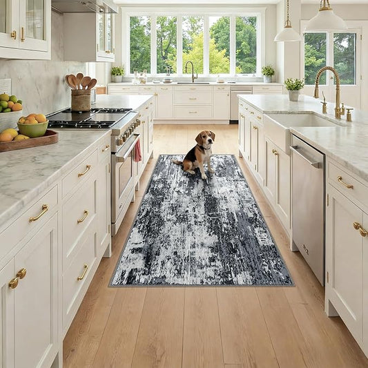 Washable Area Rugs 3x6 Non-Slip Modern Abstract Soft for Living Room Entryway Bedroom Nursery, Print Pattern, Black Navy Blue Gray