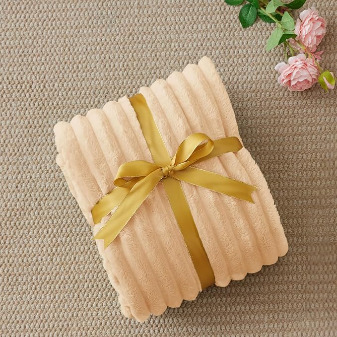 BEDELITE Twin Blanket for Couch & Bed, 300GSM Soft & Warm Fleece Blanket, Decorative and Giftable Striped Blush Sand Blankets for Women, Men, 60"x80"