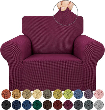 KEKUOU Stretch Single Sofa Slipcover 1 Piece Couch Sofa Cover (31"-55") Furniture Protector 1 Seater Sofa with Elastic Bottom for Kids,Pet.Jacquard Small Checked Pattern Fabric(Small,Wine)
