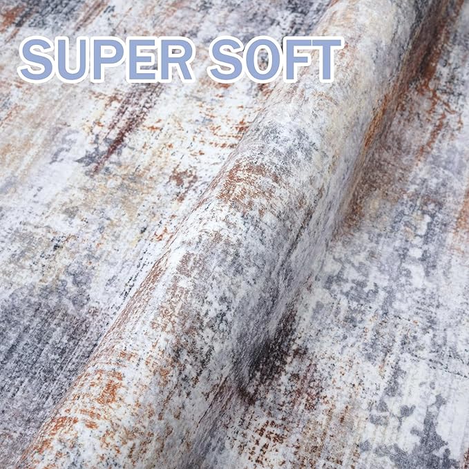IOHOUZE Abstract Round Area Rug 6 Ft Washable Circle Rugs Large Round Rug Non Slip Thin Soft Circle Rugs, Printed Faux Wool Floor Carpet for Bedroom Living Room Dining Room Nursery, Orange Grey