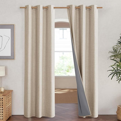 NICETOWN Cream 100% Blackout Linen Curtains 90 inch Long Burg for Living Room, 1 Pair, 42" Width Each Panel, Farmhouse Thick Completely Blackout Window Treatment Thermal Insulated Drapes