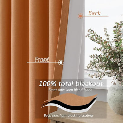 Guken Orange 100% Blackout Linen Curtains 120 Inch Length 2 Panels Set for Living Room Bedroom Back Tab/Rod Pocket Thermal Insulated Black Out Drapes Room Darkening Farmhouse Window Curtains 52x120