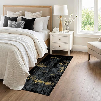 Washable Area Rugs 3x6 Non-Slip Modern Abstract Soft for Living Room Entryway Bedroom Nursery, Print Pattern, Dark Black Gold