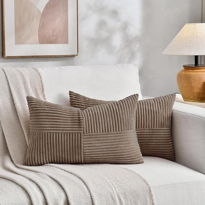 Fancy Homi Set of 2, Light Brown Patchwork Corduroy Decorative Soft Striped Modern Accent Cushion Case Farmhouse Boho Neutral Throw Pillow Covers for Chair Couch Bed Sofa Living Room 24x12 Inch