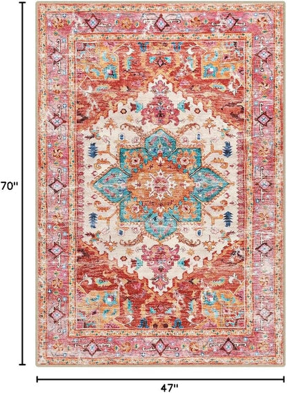 Yamaziot Washable Area Rug, 4x6 Non-Slip Boho Vintage Living Room Bedroom Rug with Rubber Backing, Low Pile Faux Wool Soft Distressed Rug Floor Carpet for Living Room, Laundry, Kids Playroom (Pink)