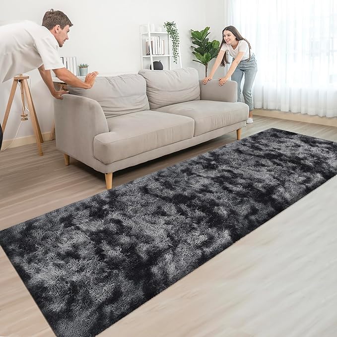 Tie-Dyed Runner Rug for Bedroom Black Grey 3x10ft Fluffy Area Rug Bedside Runner Rug for Kids Room Boys Teens Nursery Baby Living Room Dorm Home Decor Carpets