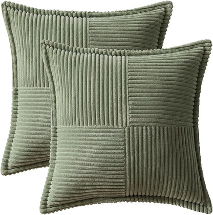 MIULEE Decorative Euro Sham Throw Pillow Covers for Couch Bed Livingroom 24x24 Inch Set of 2 Light Olive Green Boho Accent Throw Pllows Broadside Striped Patchwork Soft Corduroy Summer Pillowcases