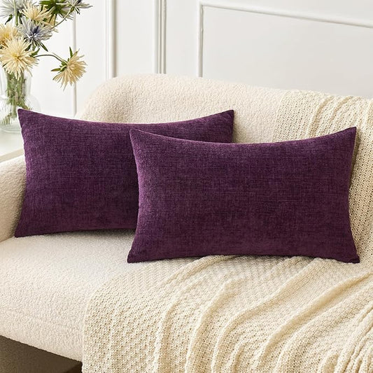MIULEE Pack of 2 Couch Throw Pillow Covers 12x20 Inch Soft Plum Purple Chenille Lumbar Pillow Covers for Sofa Living Room Solid Dyed Cases