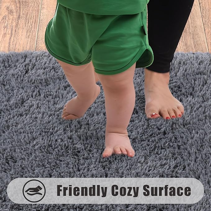 Ultra Soft Runner Rugs for Bedroom Hallways with Upgraded Non-Slip Rubber Backing & Thick Memory Sponge, 2x8 Feet Fluffy Shag Throw Area Rug for Bedside Dorm Dark Grey