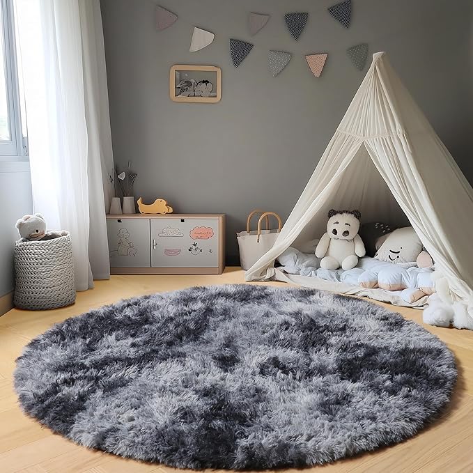 ONASAR Tie-Dyed Dark Grey Round Area Rug 4ft, Ultra Soft Bedroom Circle Rugs for Kids Girls Boys Teen, Fluffy Plush Shaggy Carpet Floor Mats for Nursery Dorm Living Room Office Home Decor