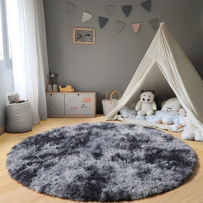 ONASAR Tie-Dyed Dark Grey Round Area Rugs 5ft, Ultra Soft Bedroom Circle Rug for Kids Girls Teen Room, Fluffy Plush Shaggy Carpet Floor Mats for Baby Nursery Living Room Playroom Home Decor