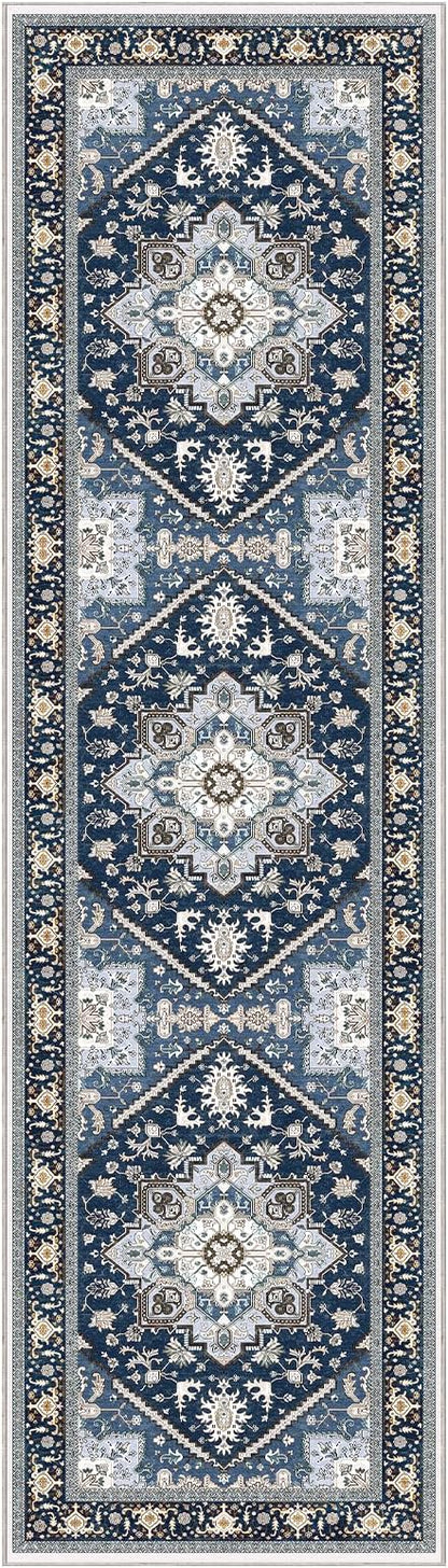 OPPODREAM Soft Entryway Rug 2x8, 2x8 Rug Runner, Washable Hallways Carpet 2 x 8 with Non Slip Backing, Low-Pile Bedside Carpet 2 x 8, Long, Faux Cashmere, Navy Blue & Gold