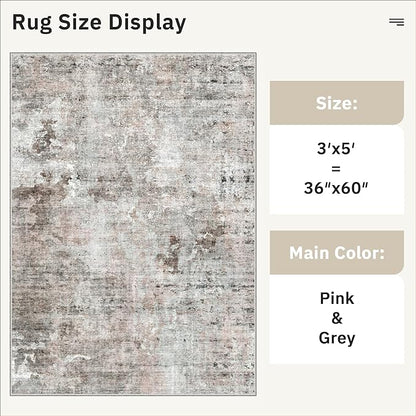 3x5 Rug, Abstract Small Area Rug for Kitchen, Entryway, Machine Washable Non-Slip Throw Rug, Vintage Carpet for Nursery Coffee Table Pink Grey