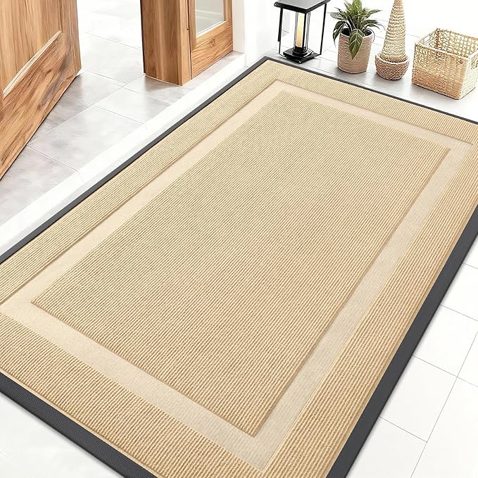 OLANLY Front Door Mat Indoor Outdoor Entrance, Waterproof All-Season, All-Weather Doormat, Sturdy Natural Rubber, Fade Resistant, Low Profile, Easy Clean Patio Porch Entryway Mat, 47x32, Beige