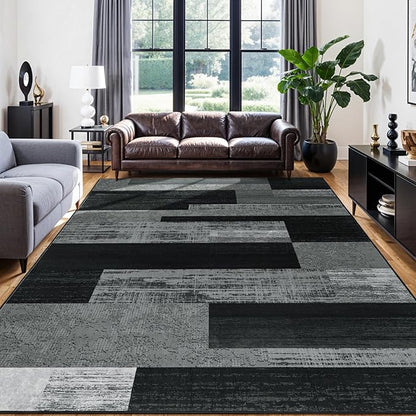 LIANLAM 9x12 Washable Area Rugs for Living Room and Bedroom, Vintage Checkered Pattern Non-Slip Carpet, Stain Resistant Low Pile Soft Rug for Dining Room,Office,Nursery,Kids Room(9x12,Gray)