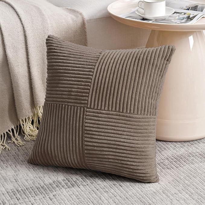 Fancy Homi Set of 2, Light Brown Patchwork Corduroy Decorative Soft Striped Modern Accent Cushion Case Farmhouse Boho Neutral Throw Pillow Covers for Chair Couch Bed Sofa Living Room 28x28 Inch