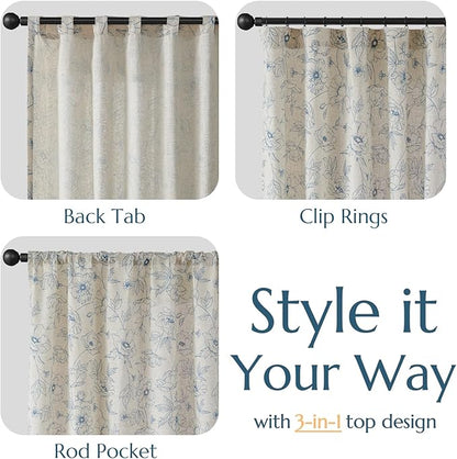 jinchan Floral Linen Curtains for Living Room 96 Inch Length Blue Flower Curtain Rod Pocket Back Tab Farmhouse Curtains with Printed Floral Bedroom Window Curtain Set, 2 Panels Blue