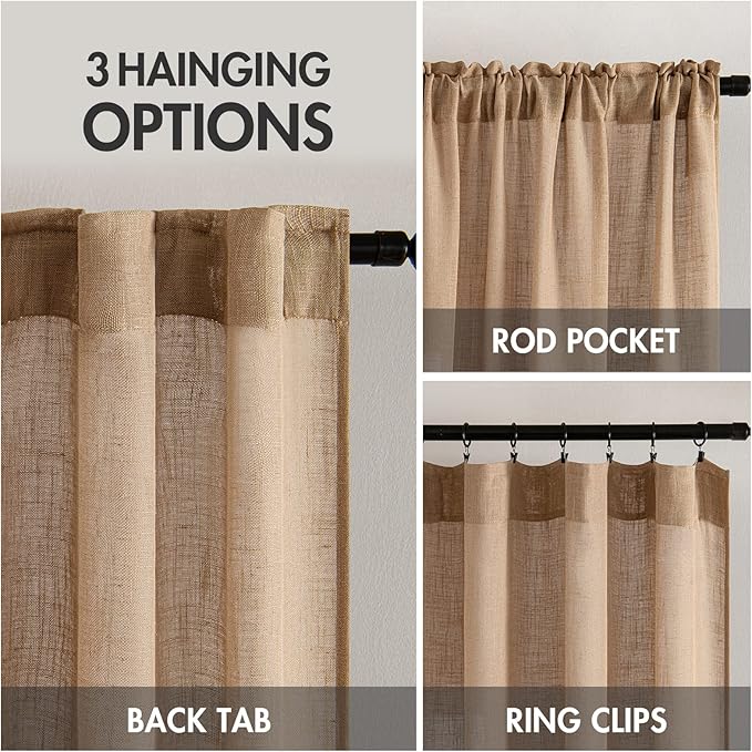 MIULEE Light Brown Linen Curtains 63 Inch Length 2 Panels for Bedroom Living Room, Soft Thick Linen Textured Natural Window Drapes Semi Sheer Light Filtering Back Tab Rod Pocket Burlap Look Decor