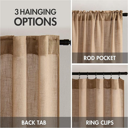 MIULEE Light Brown Linen Curtains 63 Inch Length 2 Panels for Bedroom Living Room, Soft Thick Linen Textured Kitchen Window Drapes Semi Sheer Light Filtering Back Tab Rod Pocket Burlap Look Decor