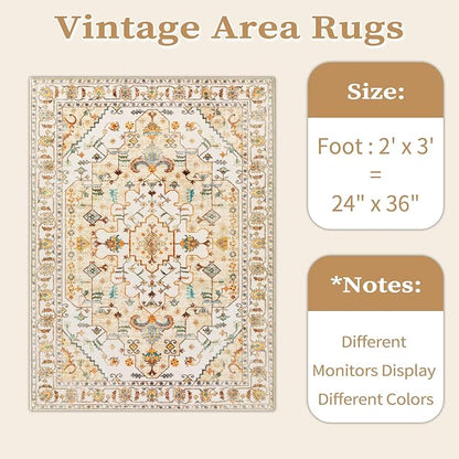 SERISSA Boho Rugs for Entryway, 2x3 Light Yellow Entryway Rug Non-Slip Washable Small Area Rug, Ultra Soft Vintage Low-Pile Indoor Door Mat Floor Carpet for Entrance Bedroom Kitchen Bathroom