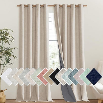 NICETOWN Cream 100% Blackout Linen Curtains 102 inch Long Burg for Living Room, 1 Pair, 52" Width Each Panel, Farmhouse Thick Completely Blackout Window Treatment Thermal Insulated Drapes