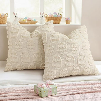 decorUhome Easter Beige Egg Pillow Covers 16x16 Inch Set of 2, Soft Plush Faux Wool Jacquard Cushion Covers, Farmhouse Neutral Fuzzy Spring Easter Holiday Decor for Couch Sofa Bed