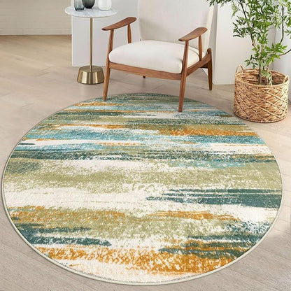 Lansny Modern Abstract Round Rug 5Ft, Green Mustard Multi Small Washable Non-Slip Circle Rug, Soft Circular Dining Room Rug Thin Print Faux Wool Carpet for Bedroom Living Room Office Playroom