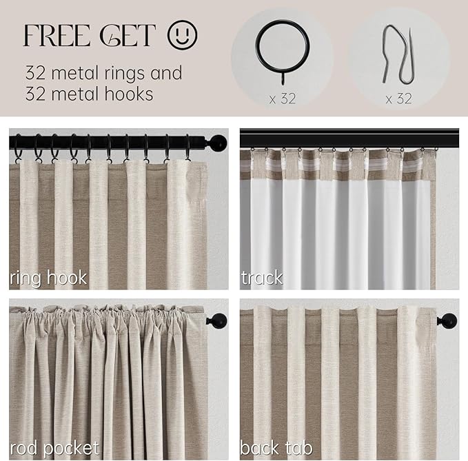 Topfinel Boho Black Out Linen Curtains 86 Inch Length 2 Panels Set for Bedroom Living Room Greige Insulating Winter Room Divider Curtains Neutral Burlap Drapes Pleated Back Tab