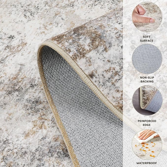 UERMEI 4ft Round Area Rug Living Room Rugs - 4x4 Washable Neutral Modern Abstract Soft Thin Rug Indoor Floor No Slip Rug Carpet for Bedroom Under Dining Table Home Office Decor - Brown Grey