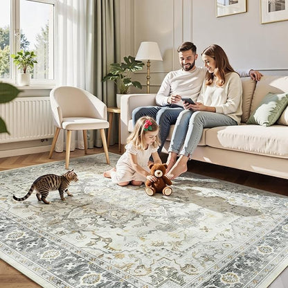 Lofus 9x12 Area Rugs for Living Room, Machine Washable Non-Slip Area Rug, Low Pile Large Rugs for Bedroom, Kitchen, Dining Room, Home Office, Vintage Oriental Print Rug, Taupe Grey