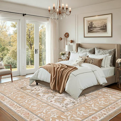 GarveeHome Provence 8x10 Area Rugs for Living Room, Botanical Grove Pink Brown Scroll Cottagecore Washable Rug for Bedroom Dining Nursery Low-Pile Vintage Large Carpet