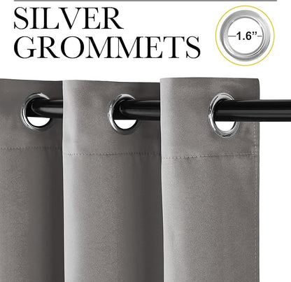 NICETOWN Room Darkening Cafe Satin Curtains for Small Windows, 42" Wide by 63" Long, 2 Panels, Chrome Gray, Grommet Privacy Blackout Drapes for Play Room