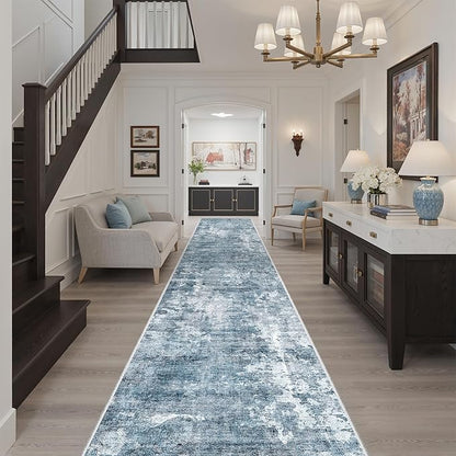 Runner Rug 2'6" x 16' Washable Non-Slip 2.5x16 ft Long Runner Rugs for Kitchen Bathroom Laundry Room Vintage Ultra Thin Runners for Hallway Entryway Blue/Grey