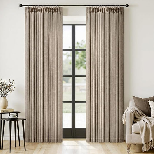 MIULEE Pinch Pleated Thick Linen Curtains 84 Inches Long 2 Panels for Living Room Bedroom, Memory Trained Drapes Pleat Back Tab Light Filtering Grey Beige Window Curtains with Hooks&Rings