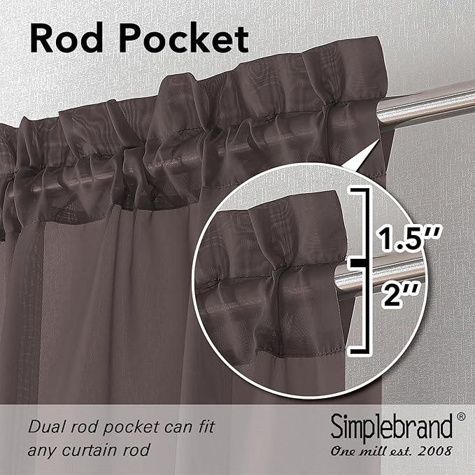 Simplebrand Chocolate Short Sheer Curtains 45 Inch Length for Small Windows, Rod Pocket 2 Panels Set Solid Voile Drapes Window Sheer Curtains for Bedroom Bathroom Kids Room Kitchen, 42x45 Inch, 2pcs