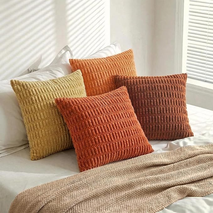 Fancy Homi Set of 4 Burnt Orange Fall Boho Decorative Throw Pillow Covers 24x24 Inch for Couch Bed Sofa, Aesthetic Modern Bohemian Room Decor, Soft Fuzzy Fluffy Cozy Corduroy Cushion Case 60x60cm