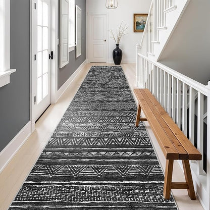 Ksrau 3x20 Runner Rug Washable - Extra Long Non-Slip Modern Runners for Hallway Soft Moroccan Low Pile Indoor Floor Mat for Living Room Kitchen Waterproof Geometric Runner Rugs Entryway 3x20 Black