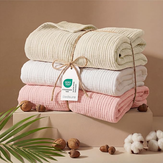 Bedsure 100% Cotton Muslin Blanket King Size for Bed - 4-Layer Breathable and Lightweight Thin Soft Summer Gauze Muslin Blanket for Adults, Pink, 108x90 Inches