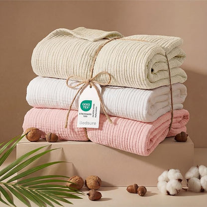 Bedsure 100% Cotton Muslin Blankets for Adults Large Throw 50x70 Inches - 4-Layer Breathable and Lightweight, Soft Boho Gauze Muslin Cotton Blanket for Couch Decor Travel Summer, Pink