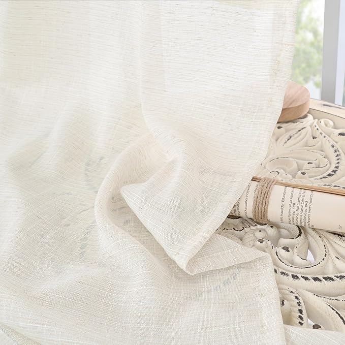 BGment 45 Inch Length Linen Semi Sheer Curtains for Living Room Window - Short Drapes Light Filtering Natural Rustic with Rod Pocket for Bedroom Lightweight, 2 Panels Set, 42 X 45 Inch